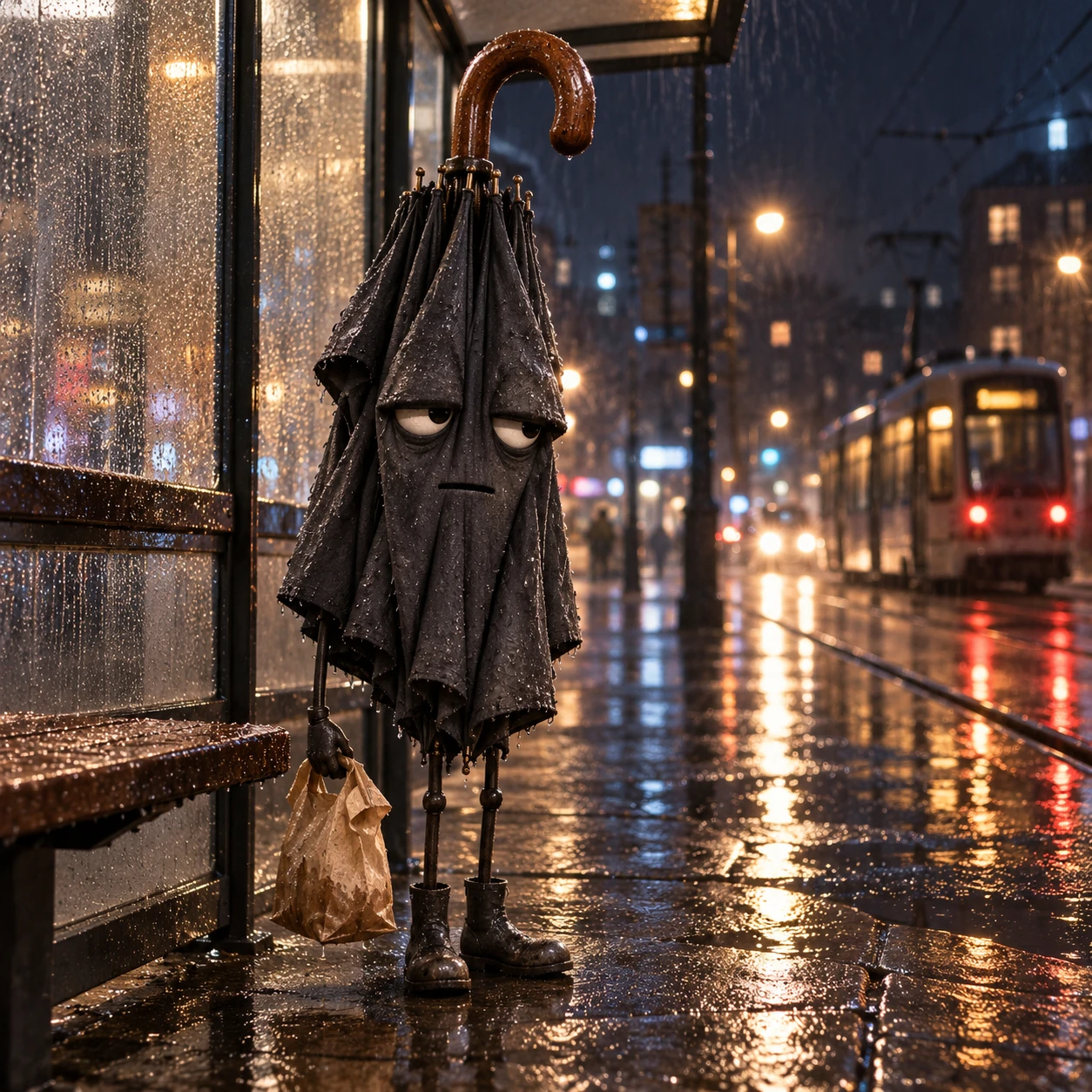 Sad anthropomorphic closed umbrella standing in a rainy tram stop, holding a paper bag